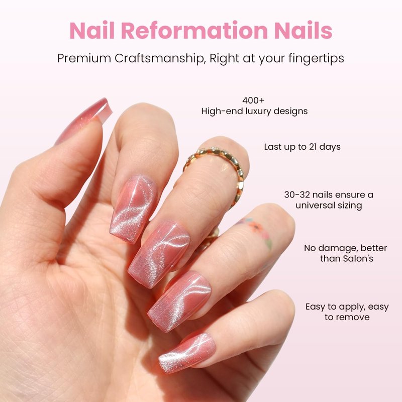 Nail Reformation Press On Nails, Pink Sway | Short Coffin Fake Nails with Velvet Cat Eye, Salon Quality, Reusable Stick On Neutral Nails in 16 Sizes - 32 Nail Kit with Glue, Manicure Gifts for Women