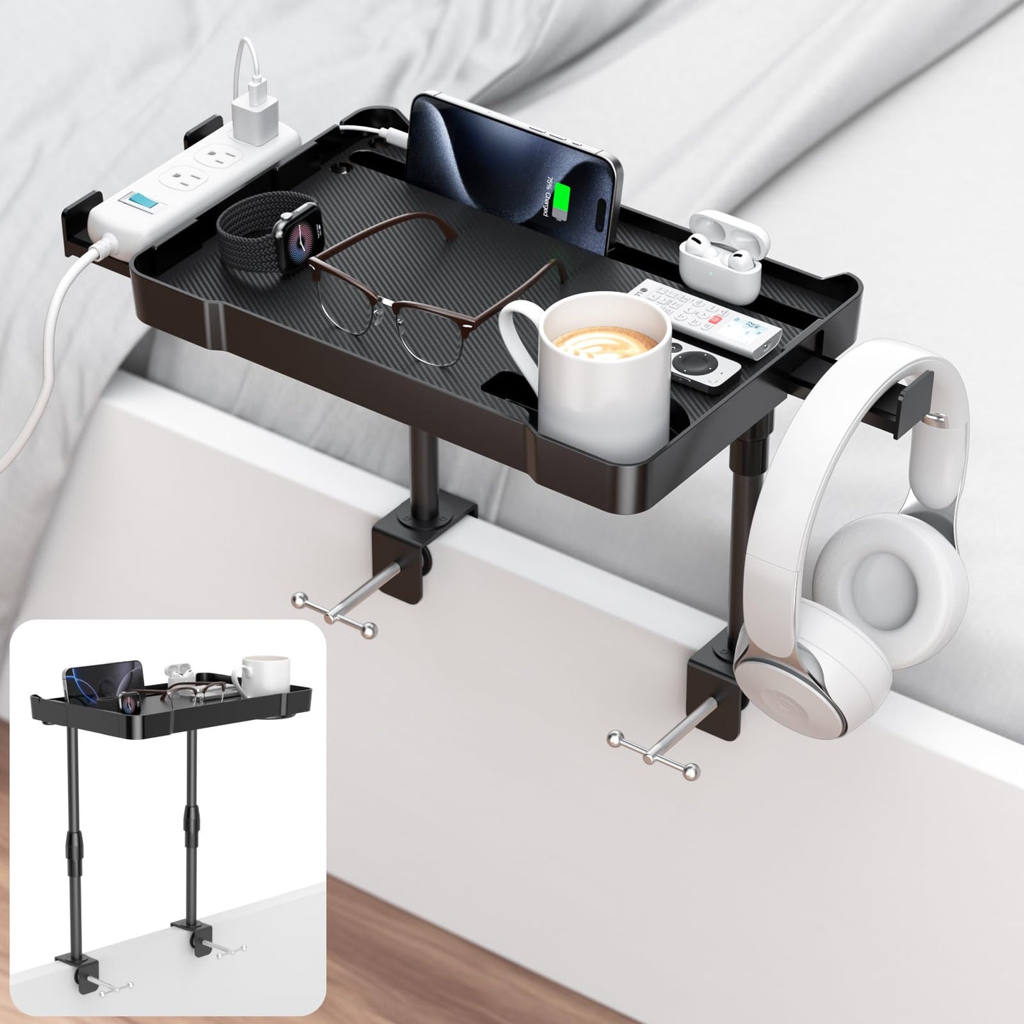 Bedside Shelf Bunk Bed Shelf for Top Bunk 15’’ Clip On Bedside Tray Adjustable Height Attachable Bedside Table Dorm Bedside Table for Loft Bed Dorm Room with Cup Holder & 3 Retractable Hooks Black