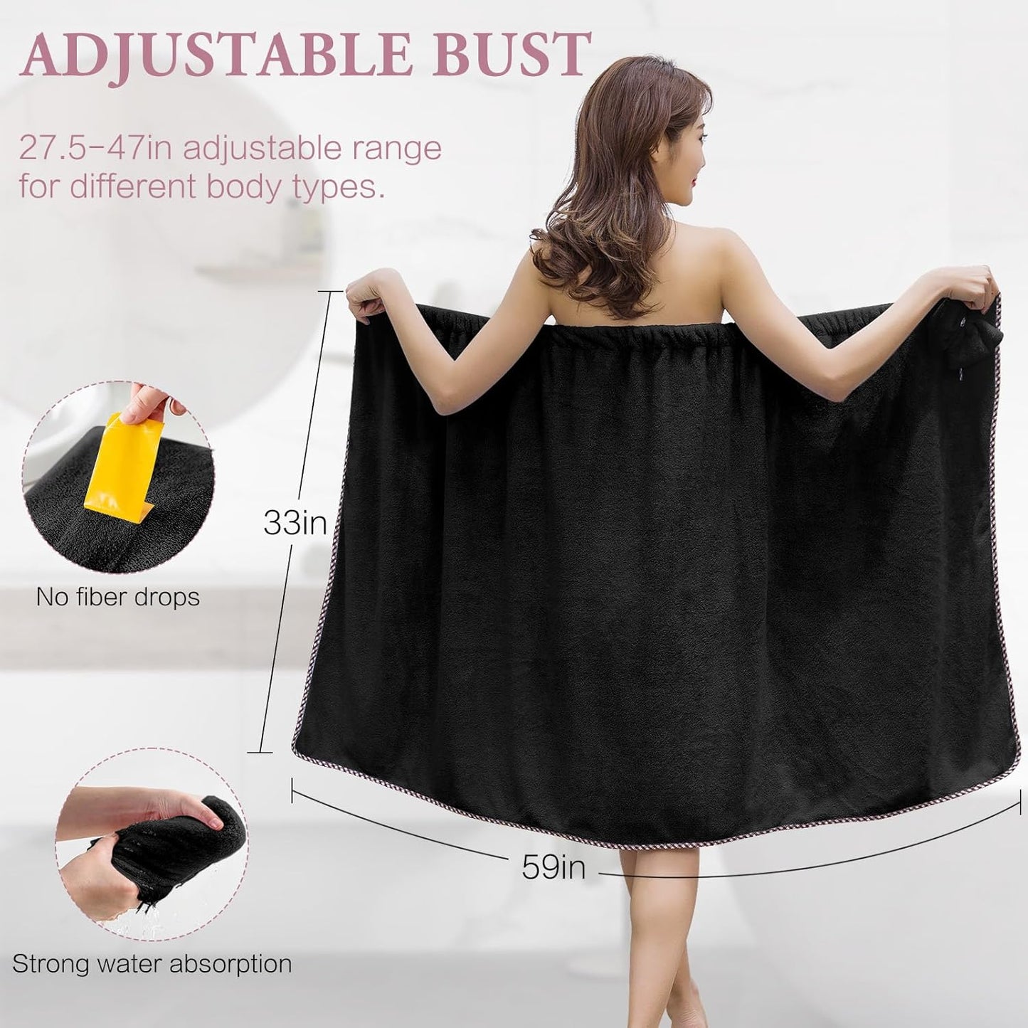 Women’s Microfiber Bath Towel Wrap - Adjustable & Quick-Drying Hair Drying Towel | Absorbent for Gym, Beach, Spa, Sauna - Black