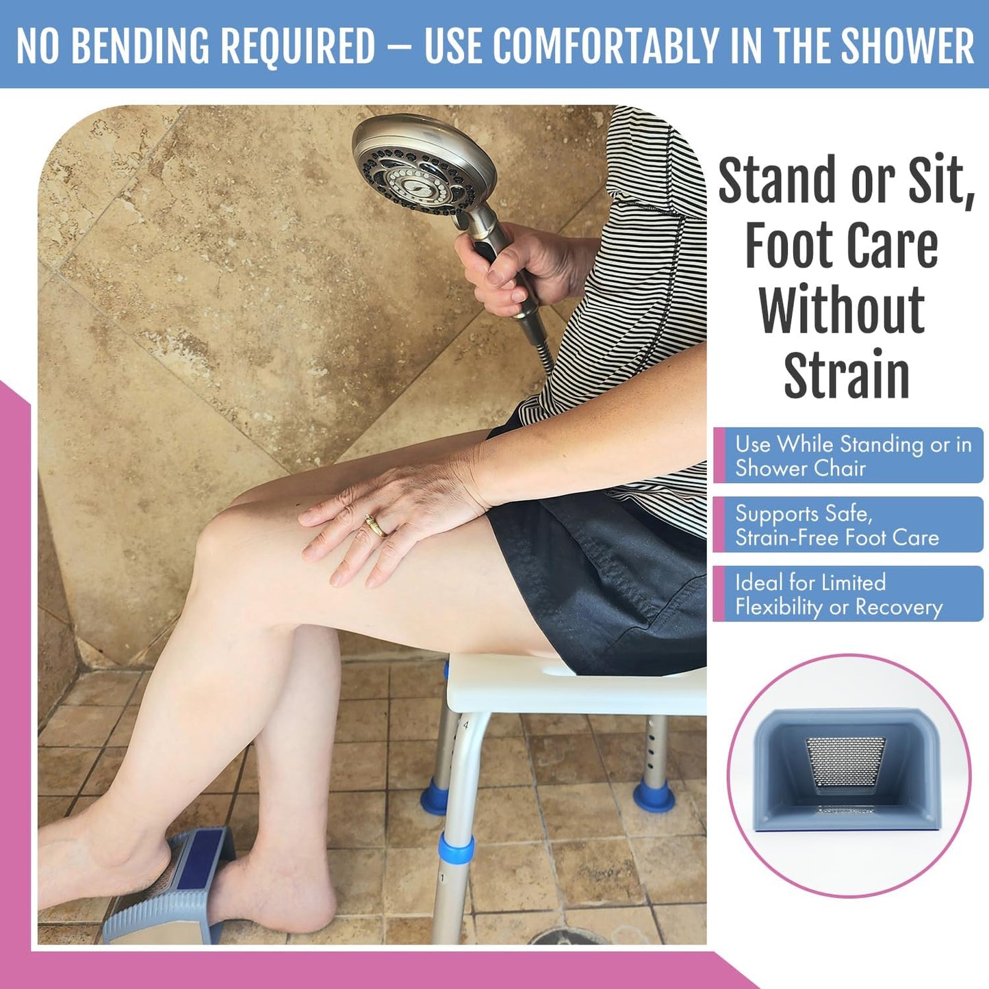 Wonex 3-in-1 Foot Scrubber - U.S. Patented No-Bend Callus Remover & Nano Glass Buffer - Ideal for Seniors & Recovery (Grey)