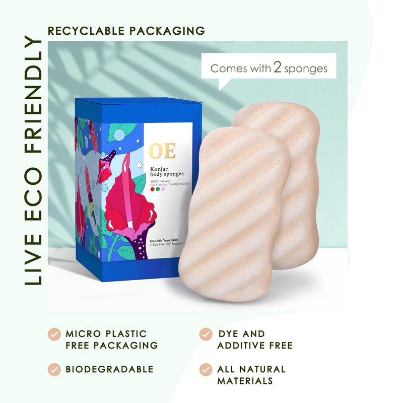 Konjac Sponge Body (2 Pack) | Microplastic Free Soft Plant Based Vegan Fiber | Sustainable | 100% Natural + Non-Toxic | Biodegradable | Eco-Friendly | Plastic Free Packaging
