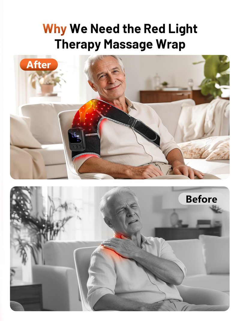 RELEXNOW Upgraded Cordless Red Light Therapy for Shoulder with Massage– 5000mAh Rechargeable Near-Infrared Light Shoulder Brace Wrap with Heat & Vibration Massager for Left & Right Shoulders