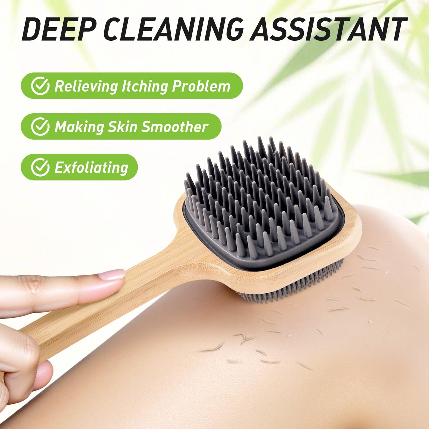 NURENDER 16.92'' Double-Sided Back Scrubber for Shower, Silicone Back Bath Brush Ideal for Sensitive Skin, Exfoliating, with Anti-Slip Bamboo Handle & Hanging Loop, Dry Body Brush for Men, Women