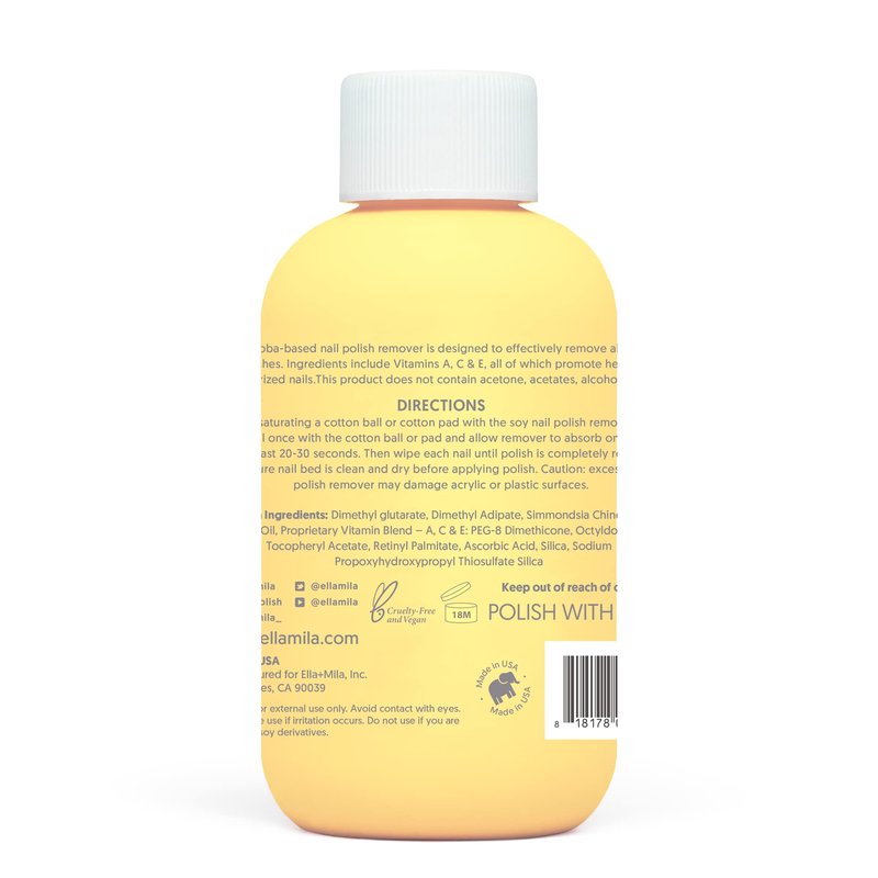 ella+mila Jojoba Nail Polish Remover - Non-Acetone, Non-Toxic Fingernail Polish Remover for Natural Nails - Vegan, Gentle Formula with Jojoba Oil & Vitamins A, C, E (4 fl oz)