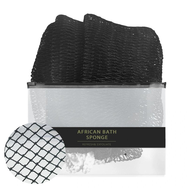 African Net Sponge Authentic with Knots - African Exfoliating Net Sponge with Handles for Body Scrubber Exfoliator - Real Africa Back Wash Bath Sponges for Shower Travel Portable & Dry Quickly, Black