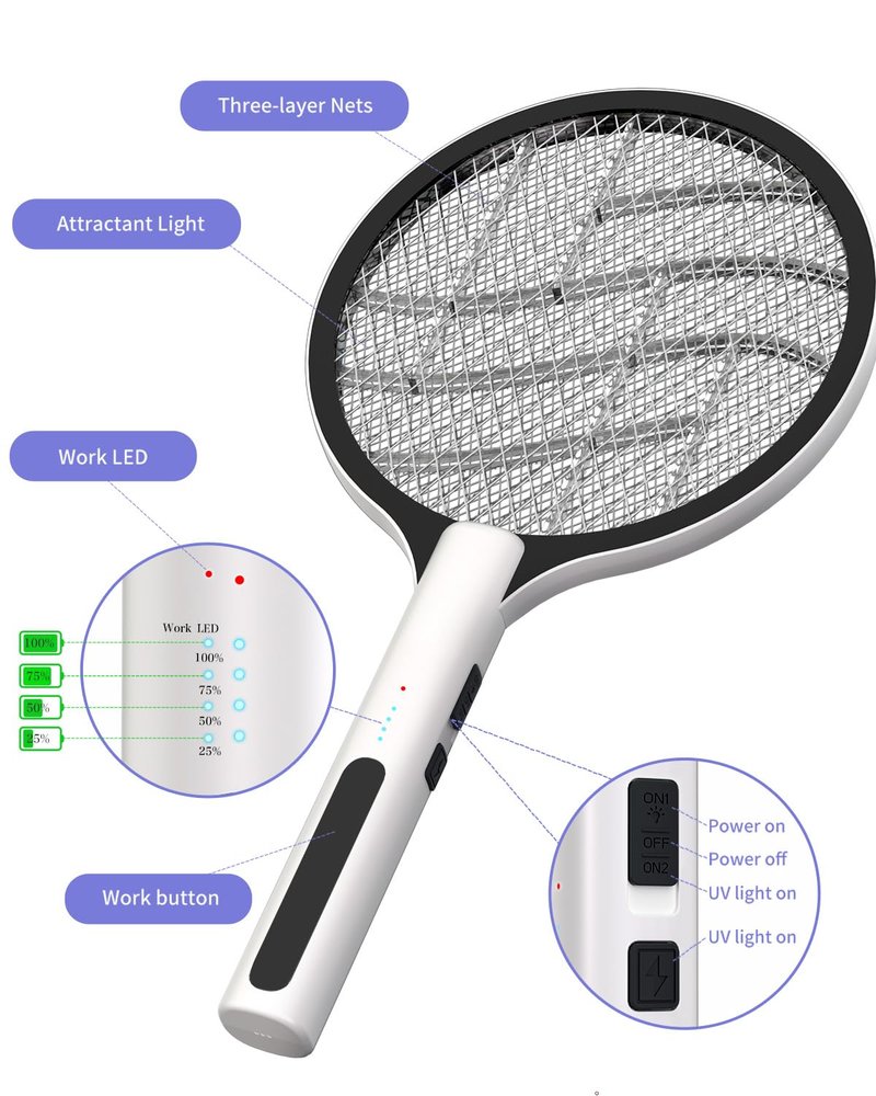 2PACK Electric Fly Swatter 4500V Bug Zapper Racket, 2 in 1 Handheld Fly Zapper & Purple Mosquito Killer Rechargeable and 3-Layer Safety for Indoor Home Office Backyard Patio Camping