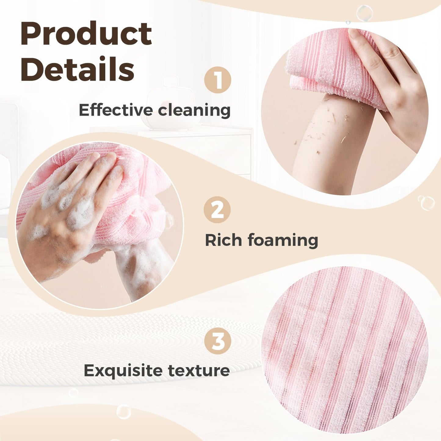 Exfoliating Shower Towel, 2026 New Soft Textured Exfoliating Bath Towel for Home, Rich Foaming Body Washcloth, Soft Foldable Back Scrub Towels, for Cleaning Body Skin (3SET1)