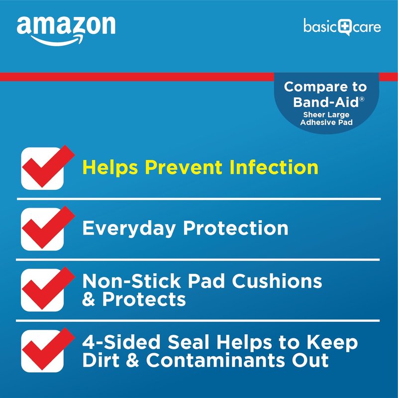 Amazon Basic Care Sheer Adhesive Pad Bandages for Minor Cuts, Scrapes and Wounds, Extra Large 3 x 4 in, Non-Stick Pad, 30 Count