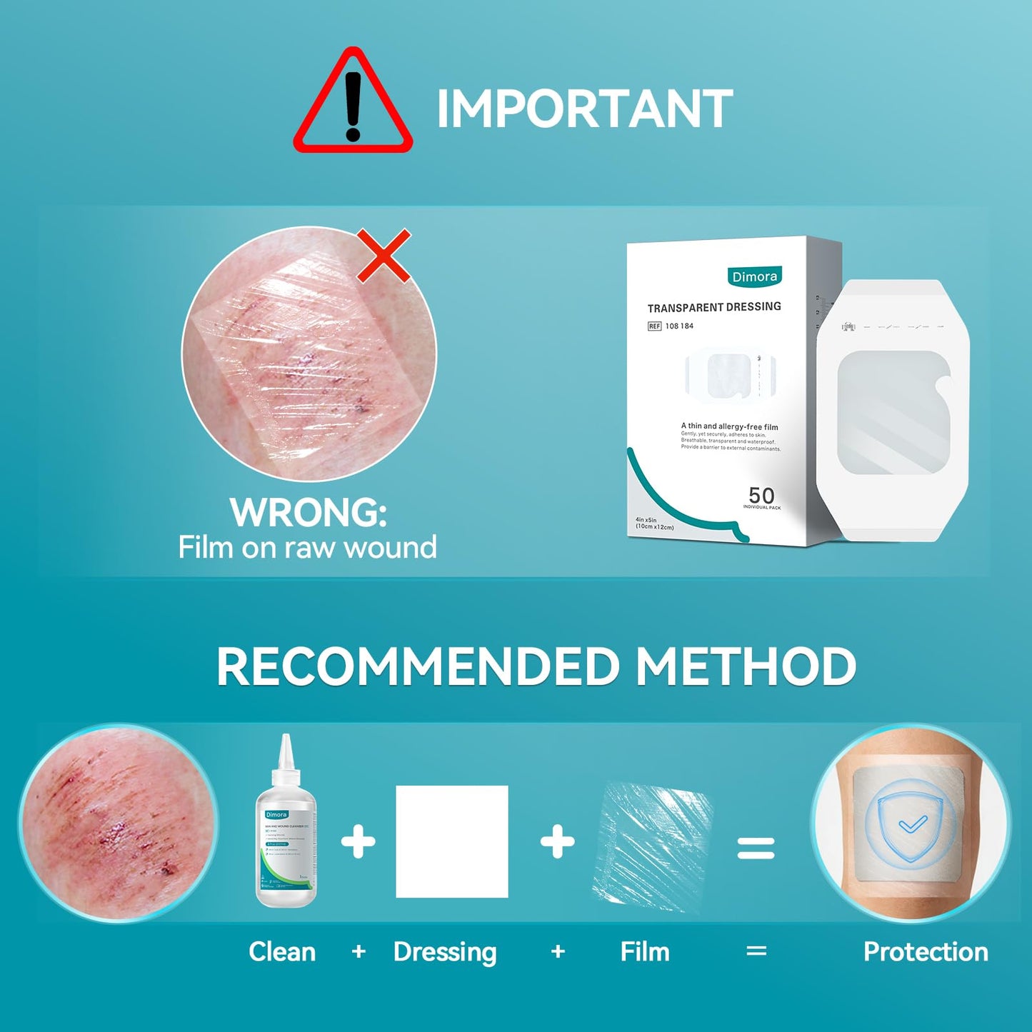 Dimora Transparent Film Dressing 50 Packs, Waterproof Adhesive Clear Bandages 4 in x 5 in, Wound Cover for IV Shield, Tattoo Aftercare Bandage,Clear Bandage Tape for Wound Care