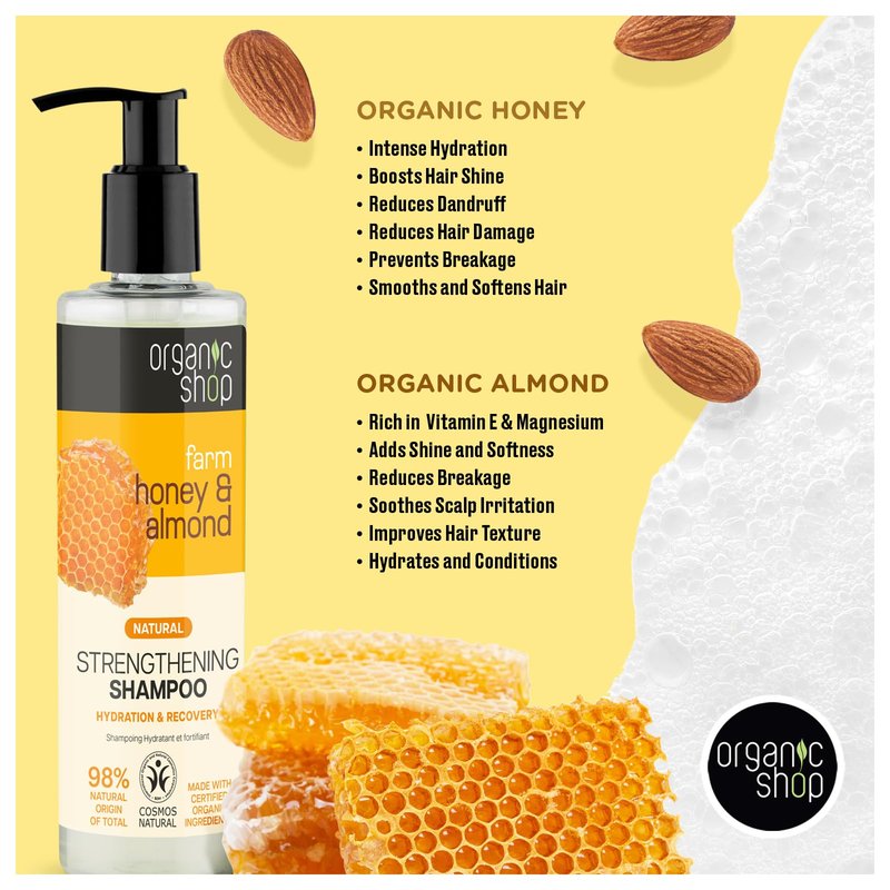 Organic Shop Honey & Almond Hair Strengthening Shampoo & Conditioner Hydrate Moisturizing Restorer, Softens & Deeply Hydrates Dry Damaged Hair, Paraben-Free, Sulfate-Free. 100% Vegan - Organic. Pack-2