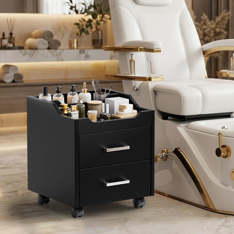 OmySalon Pedicure Cart, Foot Bath Trolley with 2 Storage Drawer, Portable Nail Esthetician Cart for Manicure & Foot Massage, Beauty Spa Supplies with Locking Wheels, Black