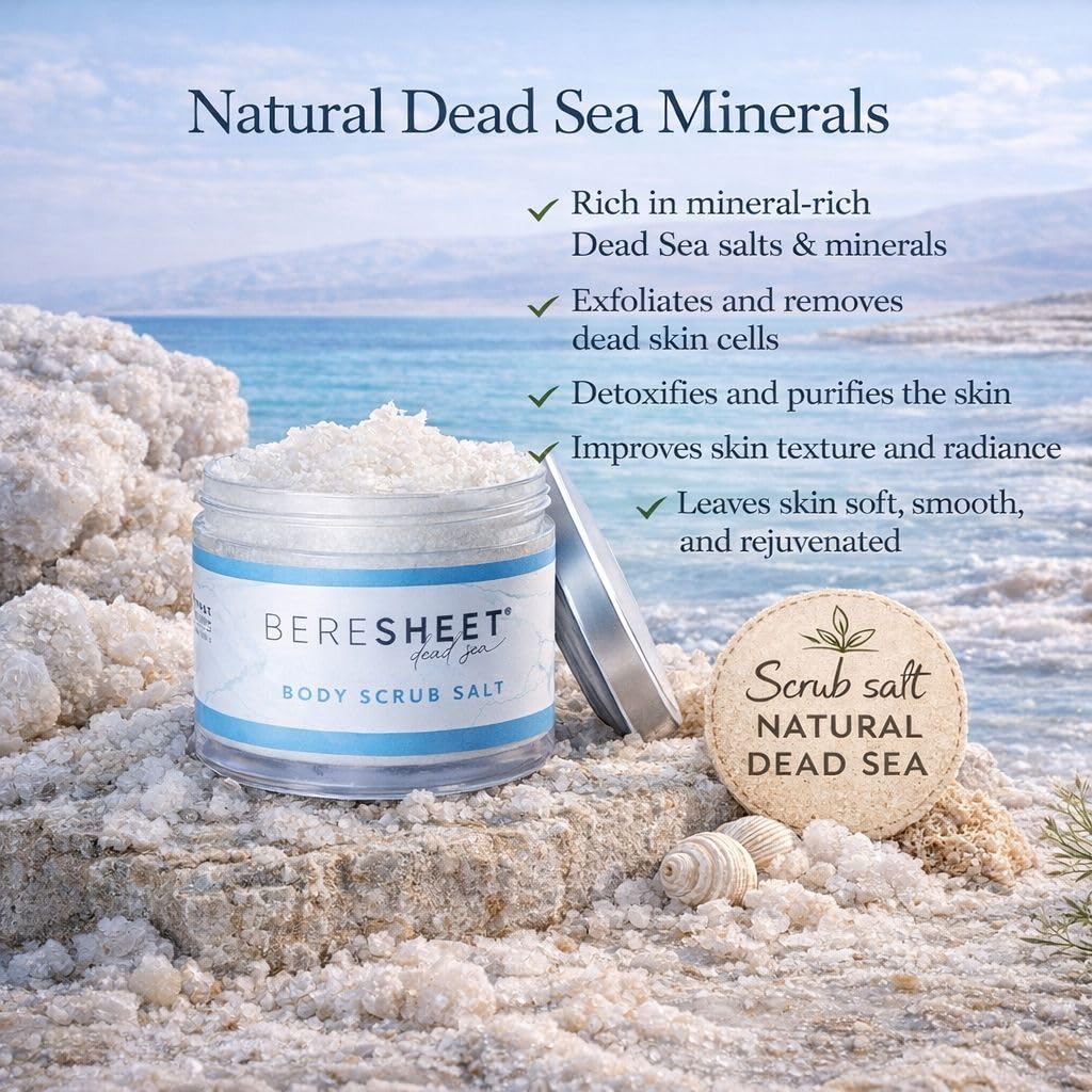 Beresheet Dead Sea Salt Body Scrub – Natural Exfoliating & Hydrating Body Scrub with Dead Sea Minerals & Natural Oils – Deep Cleansing, Nourishing & Skin-Smoothing Scrub for All Skin Types