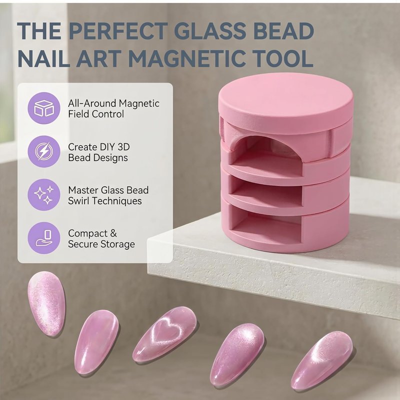 Magnetic Nail Art Tool for Cat Eye Gel Polish, 3D Glass Bead Effect Magnet with Ergonomic Finger Rest, Strong Neodymium Magnet for DIY Salon Manicure, Fits All Nail Sizes(Pink)