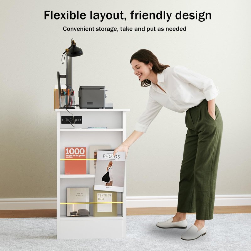 4 EVER WINNER White Desk with Drawers and Power Outlet, 48 Inch Small Desks with Storage Golden Handle, Girls Desk with 4 Storage Writing Table for Small Spaces, White and Gold Desks