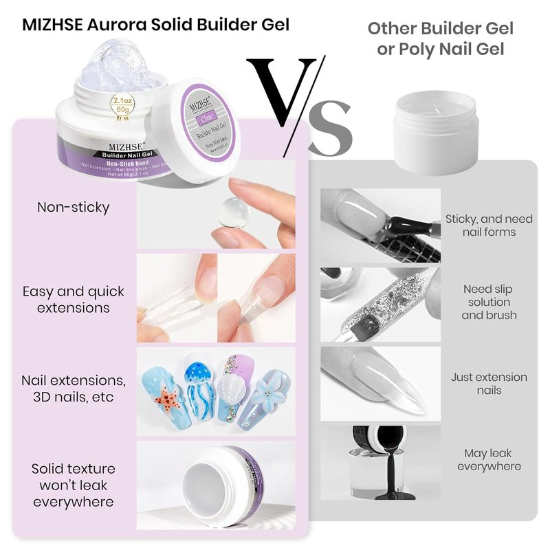 MIZHSE 2PCS 60g Builder Gel Set - Clear & White 3D Sculpting Gel with Gold & Silver Chrome Powder for DIY Nail Art
