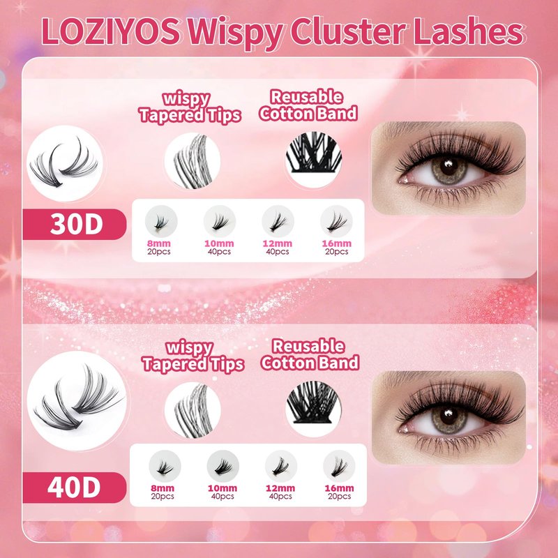 LOZIYOS Clusters Kit Wispy Eyelash Cluster Natural DIY Lash Extension Kit 8-14mm 30D 40D Individual Lashes Kit with Lash Bond and Seal Waterproof Lash Tweezers for Self Use (30D&40D，8-14mm,Kit)