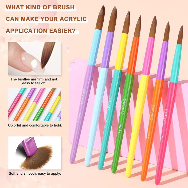 Acrylic Nail Brush Set - 7PCS Rainbow Wooden Handle Brushes for Acrylic Application | Sizes 6-18