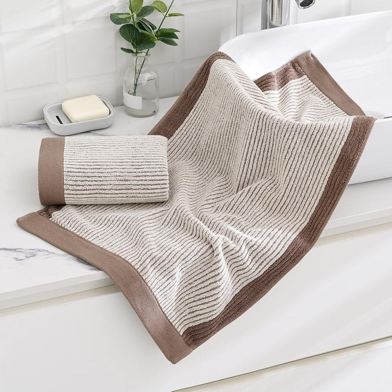 sense gnosis Beige Ribbed Striped Hand Towels Soft Absorbent Face Towels 100% Cotton Decorative Coffee Border Hand Towels for Bathroom Hotel Shower,Set of 2