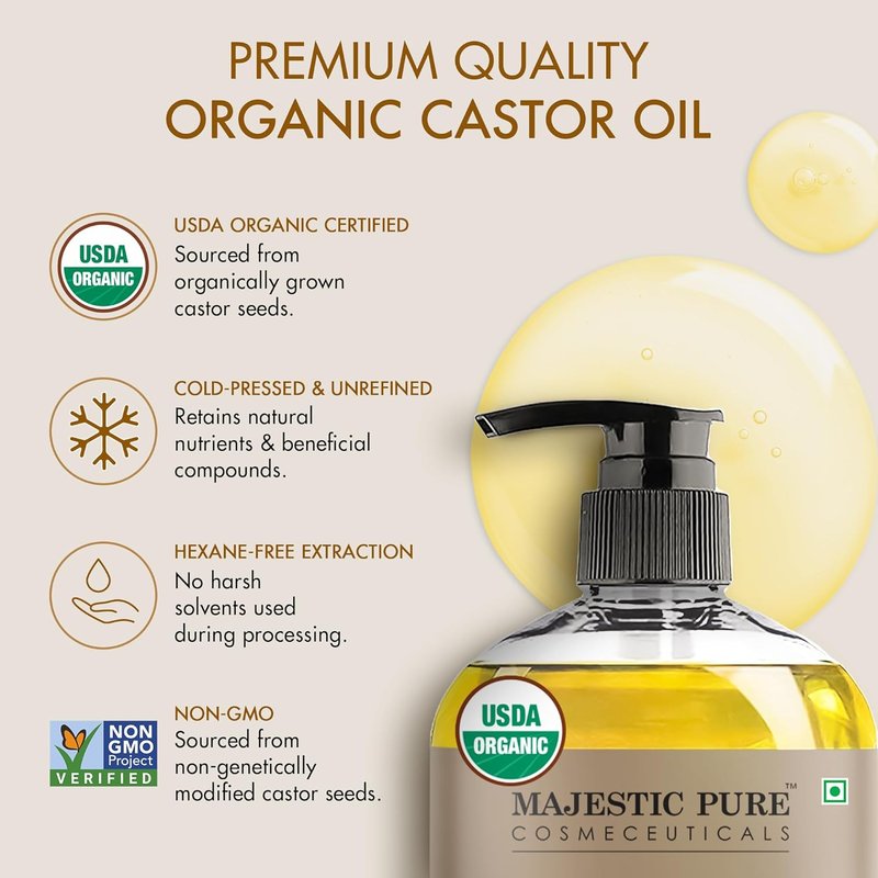 Majestic Pure Castor Oil - 100% Pure & Natural Cold Pressed Hair Growth Oil | USDA Organic 8 Fl Oz