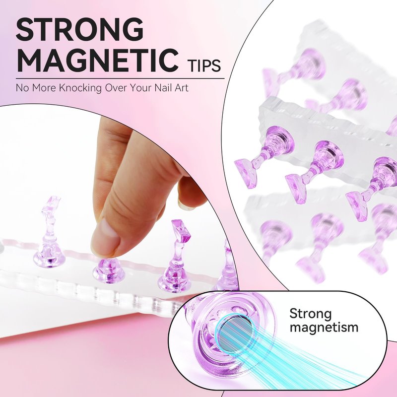 ESUOHYM Nail Stand For Press On Acrylic Strong Magnetic Nail Holder Kit For Painting Nails Tip Arts Display With 200PCS Double-Sided Tape And 1 Heart Shaped Acrylic Magnetic Presson Stand (Clear And Purple, Medium)