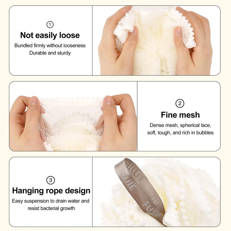 Biiange White Loofah, Shower Bath Spong, Soft Loofahs Balls, Globose lace Shower Ball, for Body Wash Scrubber Cleaning Bathroom Accessories (2Pcs White)