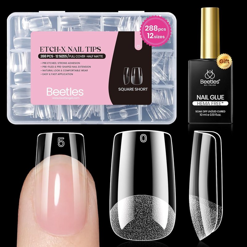 Beetles Gel Nail Kit - Etch-X Square Short Tips | 288pcs in 12 Sizes with Hema-Free Nail Glue Gel