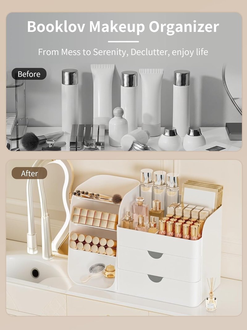 Makeup Organizer - Vanity Cosmetic Display Case with Drawers | White Bathroom Storage Caddy for Skincare & Beauty Tools