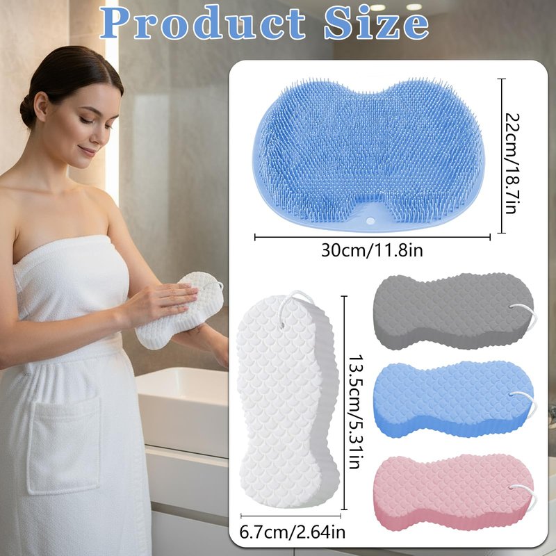 Silicone Shower Foot Scrubber Mat,Foot Scrubber In Shower with Non-Slip Suction Cups mit 4PCS Magic Exfoliating Bath Sponge for Body, Deep Exfoliating Foot/Back Cleaning Pad for Bath