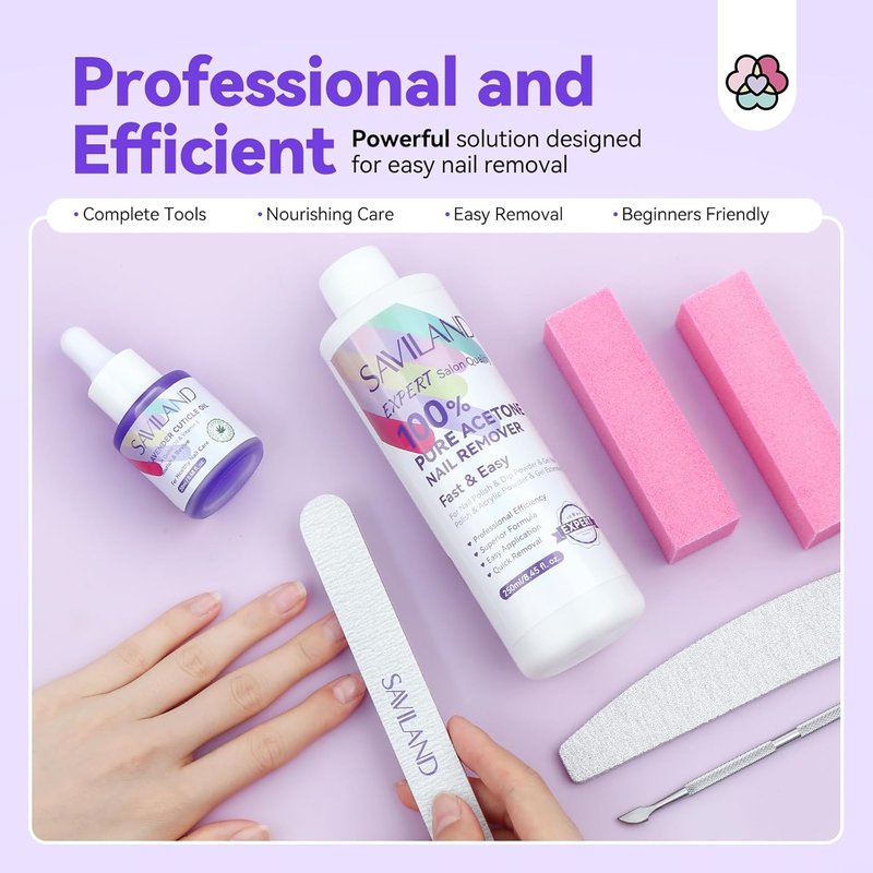 SAVILAND Pure Acetone Nail Polish Remover Kit: 8.45oz Gel & Acrylic Nail Remover with Cuticle Oil, Buffer, Files & Scraper for Quick, Gentle Removal of Gel Polish, Dip Powder & Acrylic Nails Home Use