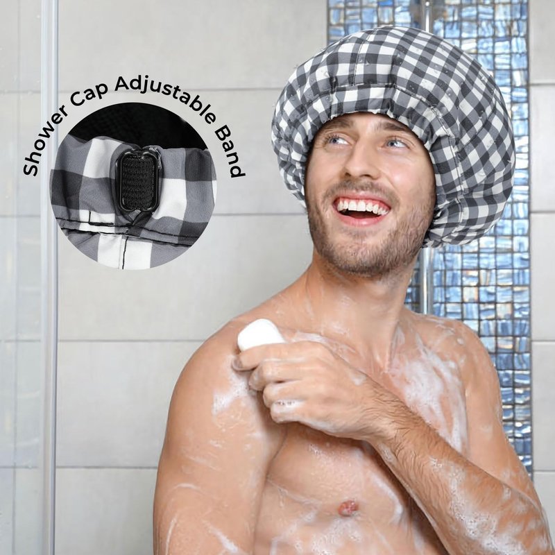 Shower Cap for Men Black White Plaid Bath Cap, Reversible Large Waterproof Adjustable Shower Caps Terry Lining & Elastic Band Stretch Hem Hair Hat