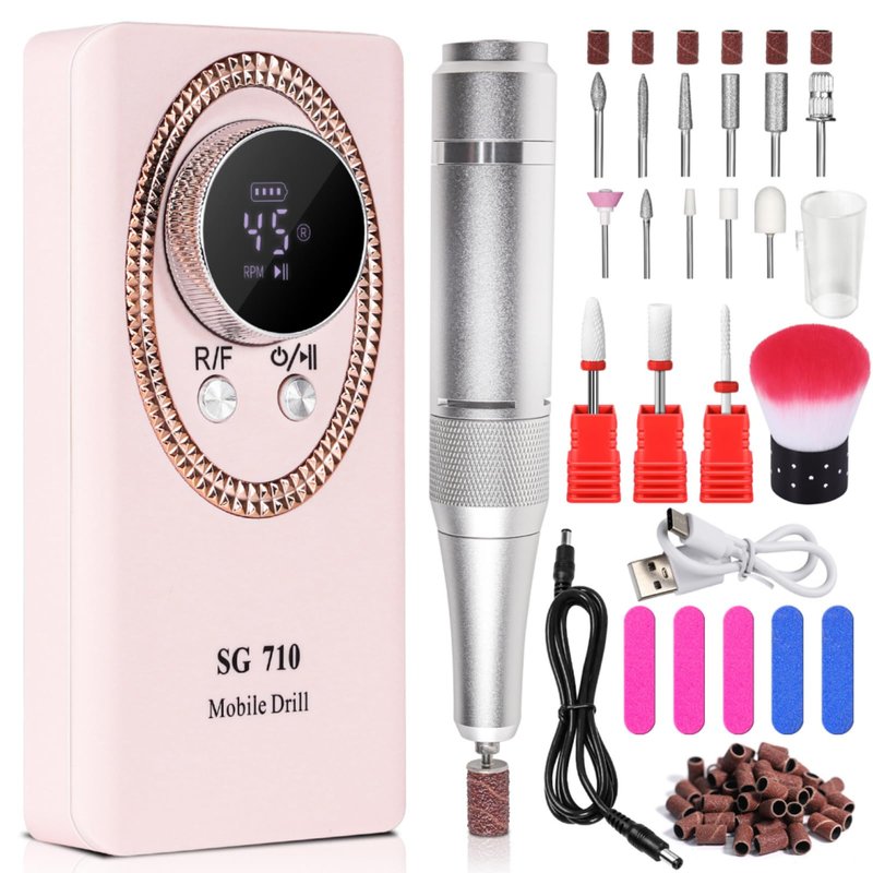 Electric Nail File for Acrylic Nail Kit 45000RPM Electric Pink Nail Drill Professional Manicure Pedicure Set with Nail Drill Kit Bits Efile Cordless for Manicure