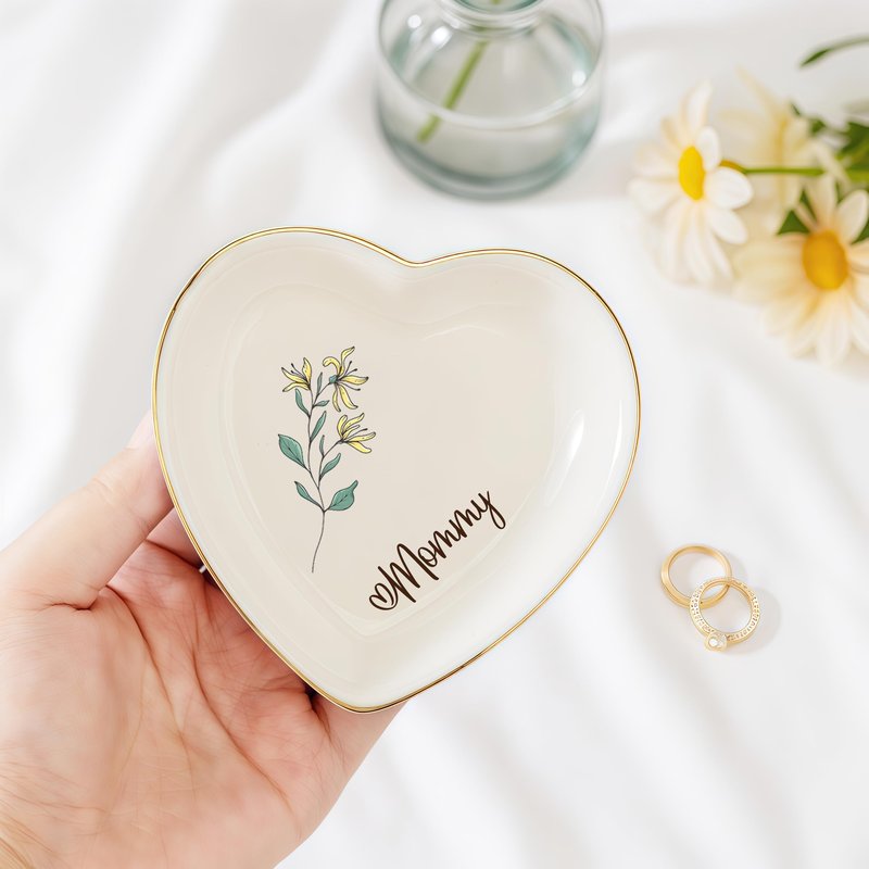 KeenlyMade Custom Ceramic Ring Dish, Personalized Jewelry Tray with Name Birthday Flower, Earrings Necklaces Bracelet Watch Keys Trinket Holder, Mothers Day Bridesmaid Bestie Gift for Women