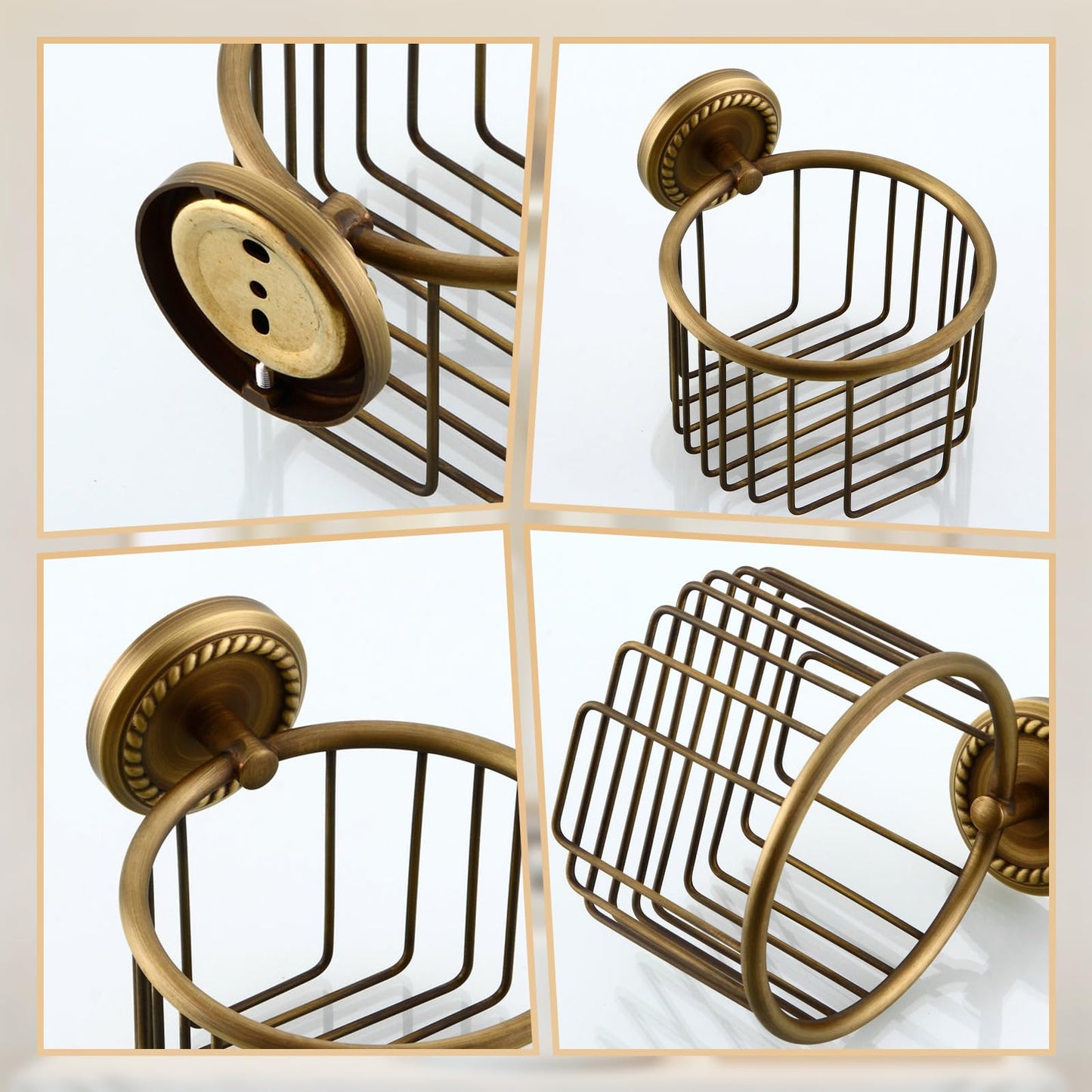 Vintage Toilet Paper Holder Wall Mounted Bathroom Roll Tissue Wire Basket, Antique Brass
