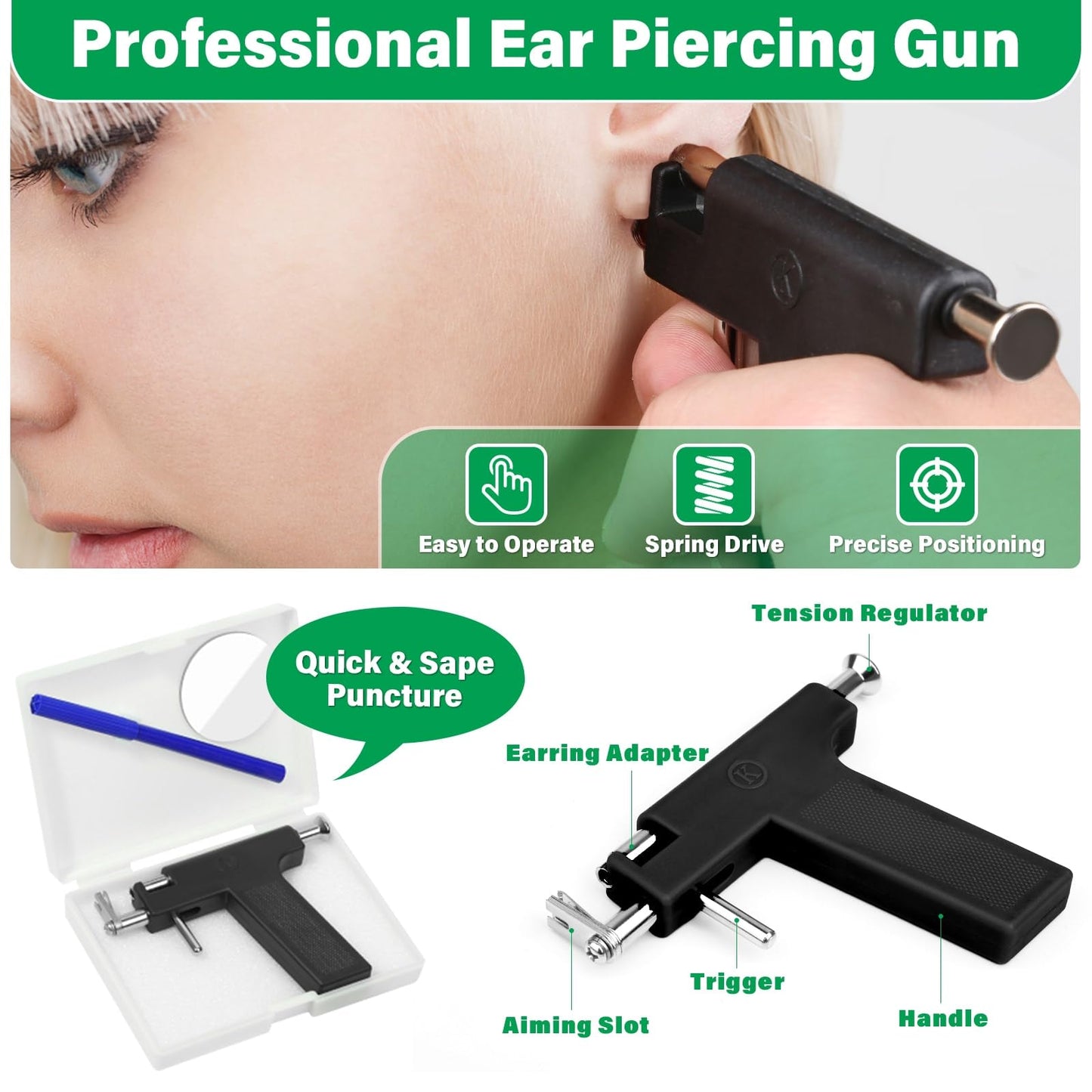 Reusable Ear Piercing Gun Kit, Professional Ear Piercing Machine with Stainless Steel Piercing Earrings Studs, Crystal Earrings for At Home Salon Earlobe Cartilage Helix Tragus Piercing Tool Set