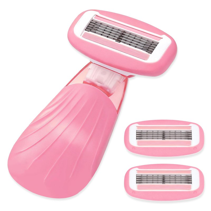 Keropy Women Razors moisturizing bar for Sensitive Skin, Travel Razors Shaving Kit Essential - 5-Blade for Sensitive Skin - Bikini, Legs, Underarms - 1 Handle & 3 Refill Cartridges - Pink