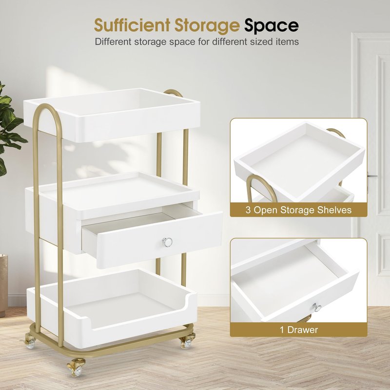 BarberPub Salon Trolley Cart with Lockable Wheels, Stylist Trolley with 3 Shelves, Salon Storage Cart for Beauty Shop, Barber Shop, Spa 2086 (White&Gold)