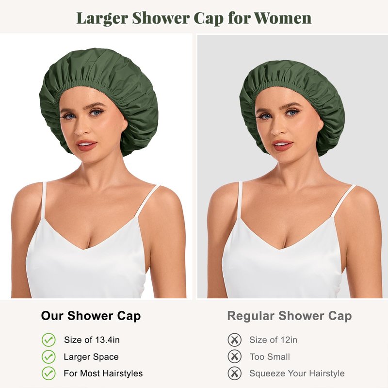 Shower Cap for Women Waterproof Reusable, Large Shower Cap Non-Slip with Elastic Band, Washable Bath Hair Hat for Long Hair, Braids (Dark Green)
