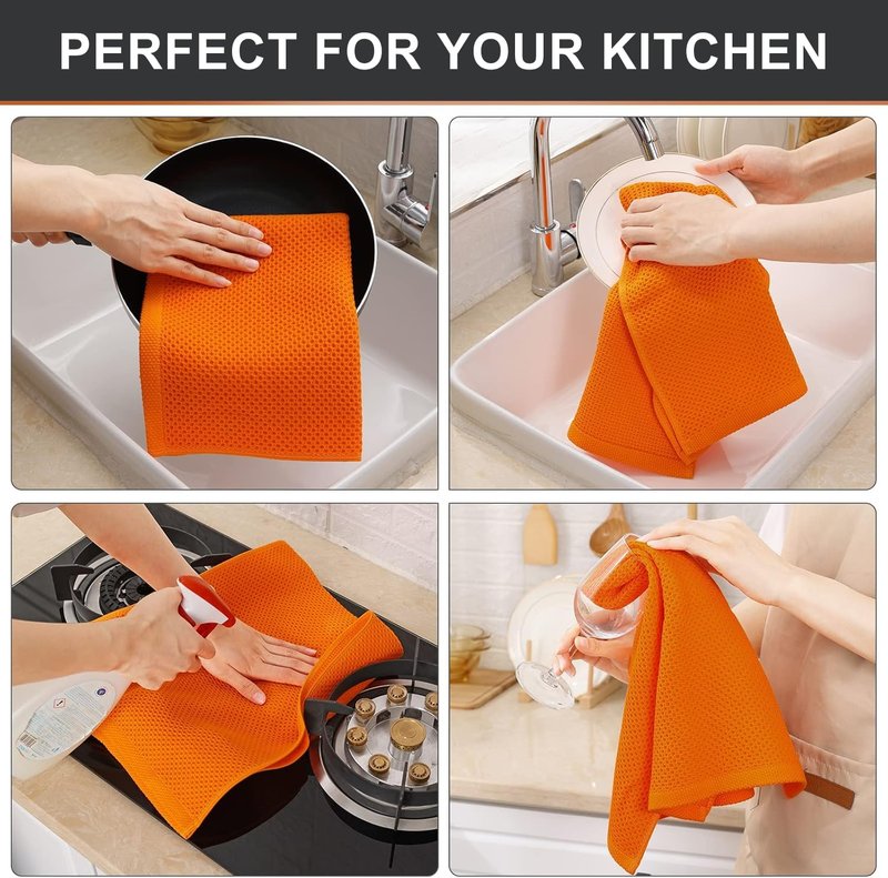 Kitinjoy 100% Cotton Waffle Weave Kitchen Hand Towels (13 x 28 Inches, Orange), 4-Pack Super Soft and Absorbent Dish Towels for Drying Dishes