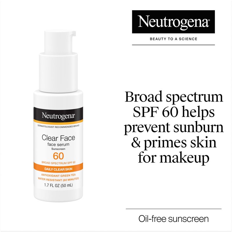 Neutrogena Clear Face Serum Sunscreen with Green Tea, Broad Spectrum SPF 60, Non-Comedogenic Face Sunscreen for Lightweight UVA/UVB Protection, Oxybenzone- & Fragrance-Free, 1.7 fl. oz