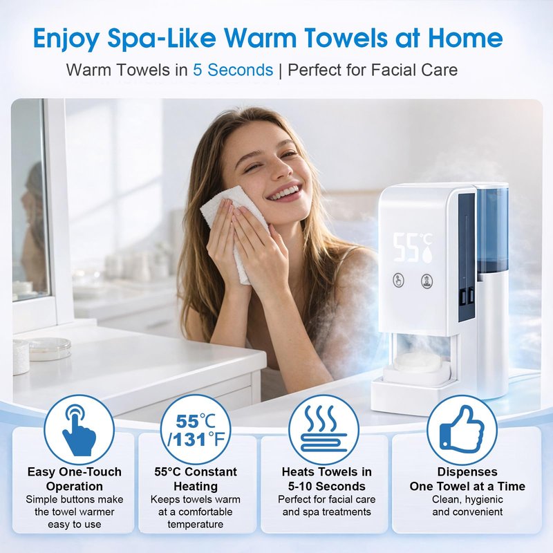 Hot Towel Dispenser,Upgraded Automatic Hot Face Towel Warmer Machine, 5s Instant Heat Facial Towel Warmer with 55°C (131°F) Voice Alert, Wall/Counter Use (100 Towels)