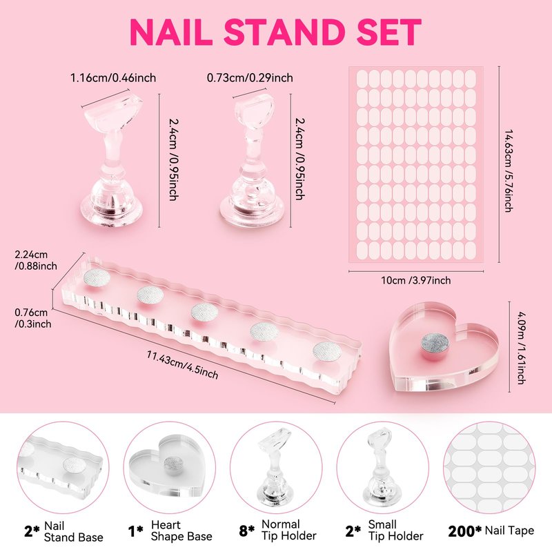 ESUOHYM Nail Stand For Press On Strong Magnetic Nail Art Tips Holder For Painting Gel Nails Display Supplies With 200PCS Double-Sided Tape & 1 Heart Shaped Acrylic Presson Stands with Case Nail Tech Supplies