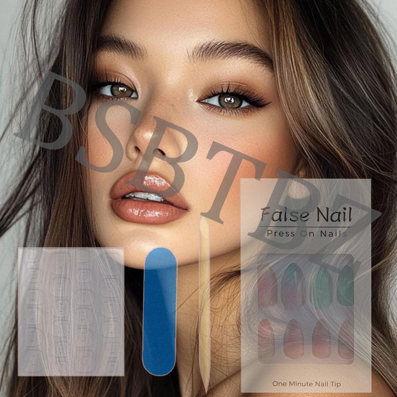 Skiennix 24Pcs Press-On Nails - Medium Almond French Tip with Bow & Star Design | Blue Acrylic Full Cover