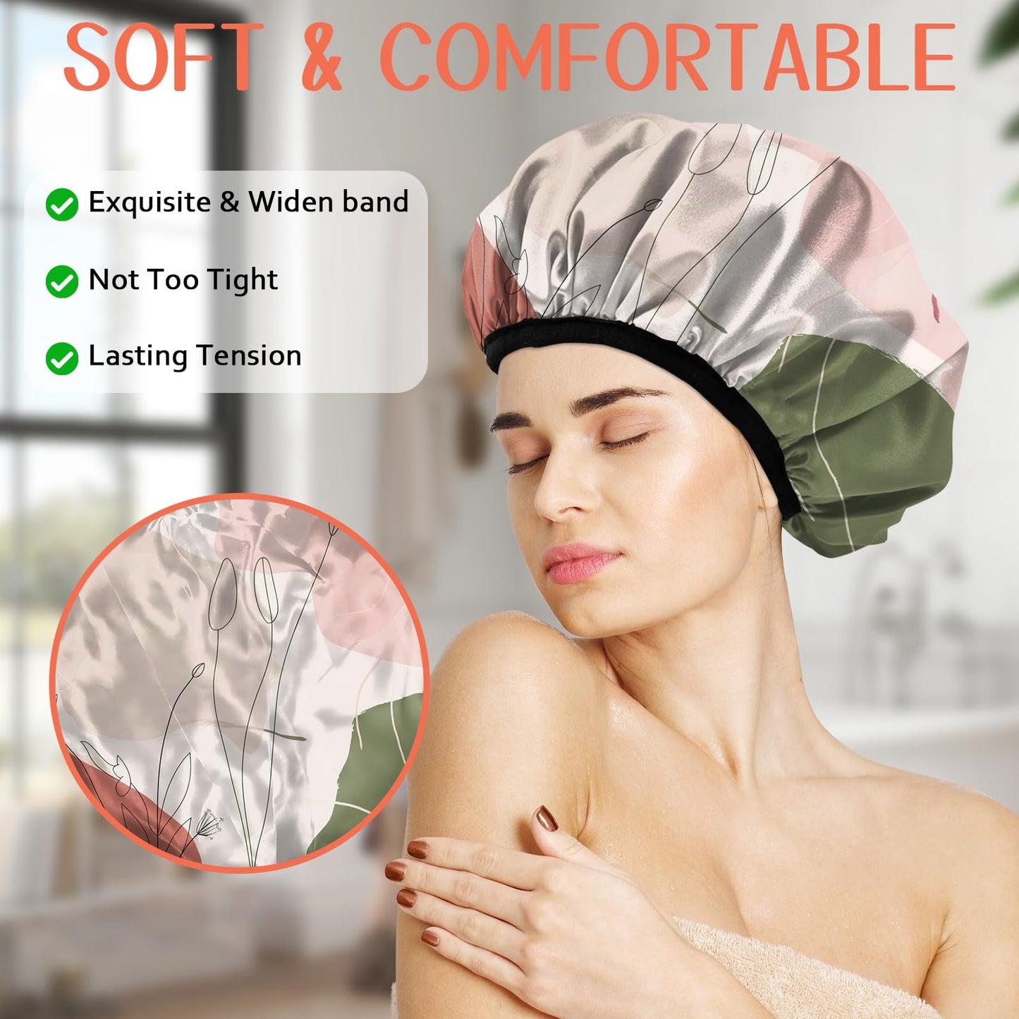 Cabreche Luxury Shower Cap Terry Lined Reusable Triple Layer Waterproof Hair Elastic Caps Shower Bath Hat for Women Girls Cute Aesthetic-Color Block