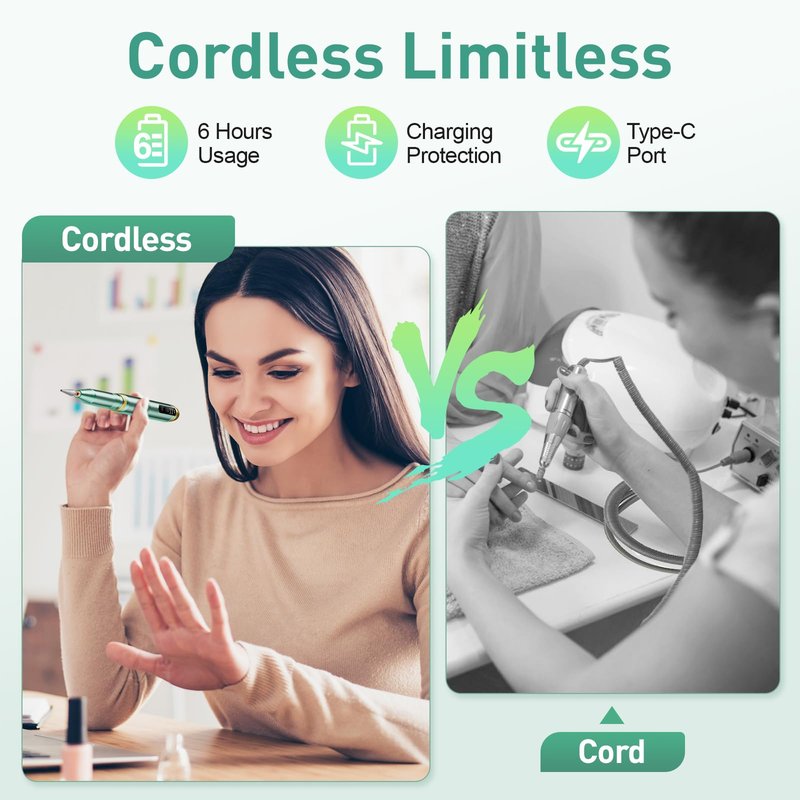 Cordless Nail Drill, Portable Electric Nail File with 11 in 1 Nail Drill Bits for Acrylic Gel Dip Powder Nails, Rechargable Efile Machine Kit for Home Manicure Pedicure, Green