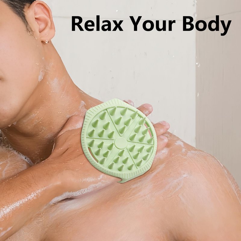 Mabnuby 2 Pack Silicone Body Scrubber, Exfoliating Silicone Loofah Shower Scrubber for Men & Women, 2-in-1 Food-Grade Antibacterial Dual-Sided Bath & Shampoo Brush for Sensitive Skin, Purple + Green