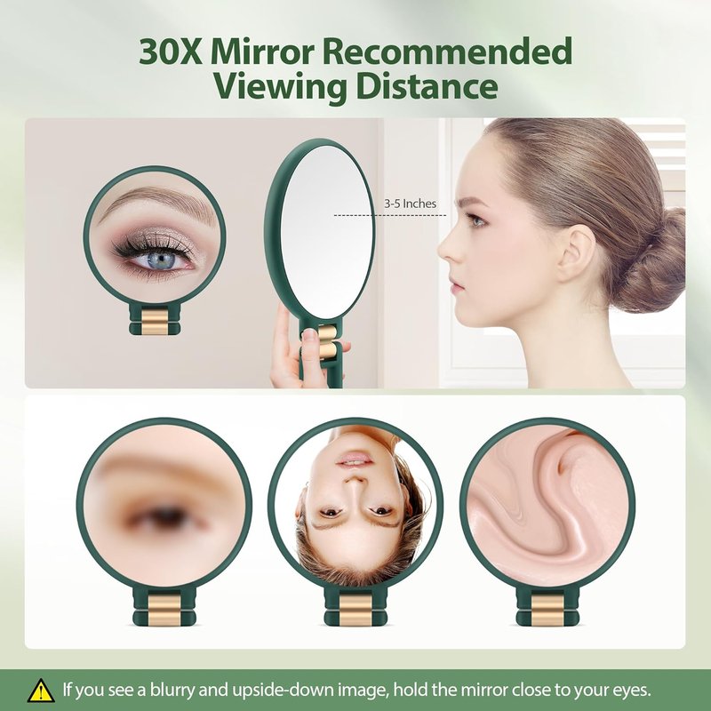 30X Magnifying Hand Mirror - Double-Sided Portable Makeup Mirror | Travel Essential, Green