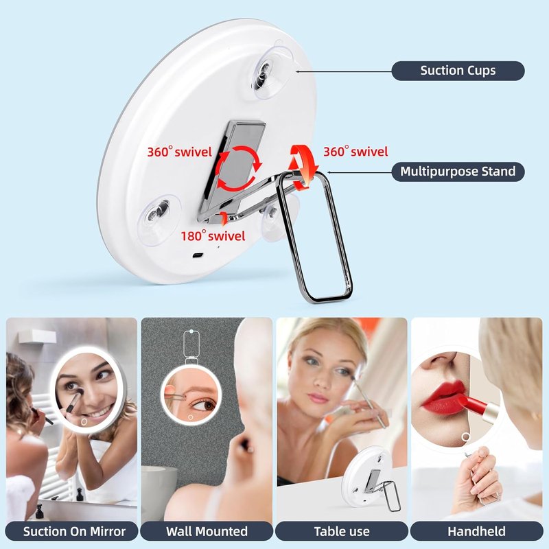 Skiennix 30X Magnifying Mirror - Lighted 6-Inch Makeup Mirror with 3 Suction Cups & 360° Adjustable Stand | Includes Tweezers & Scissors