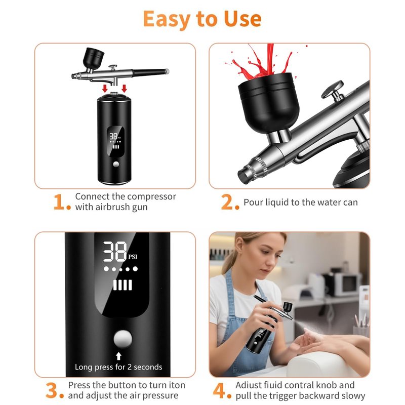 Airbrush Kit with Compressor - Nail Styler, 48PSI Screen Display Airbrush, Rechargeable Cordless Airbrush Machine for Manicure, Make-up, Painting, Cake Decoration