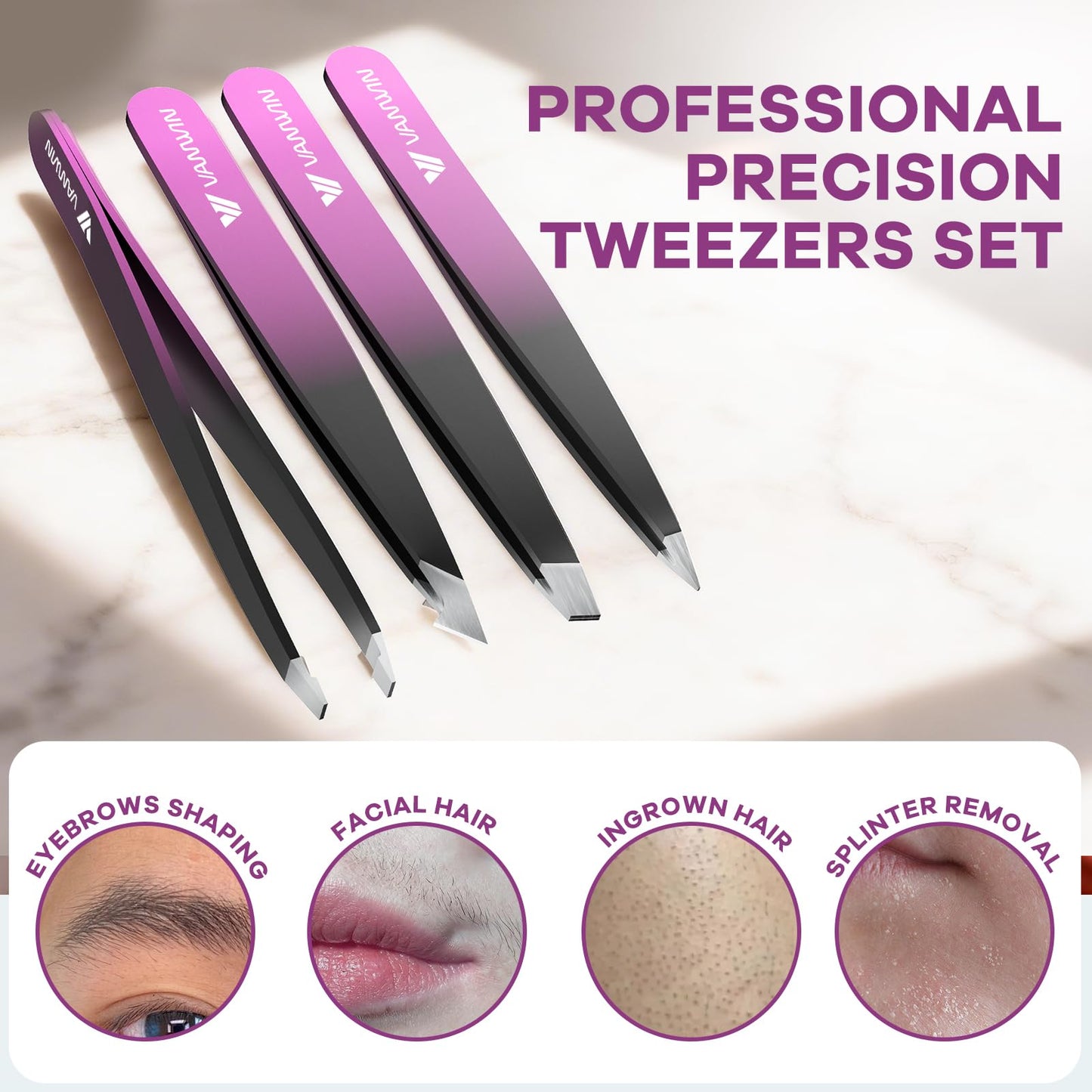 VANWIN Tweezers Set, 4 Pack Professional Stainless Steel Precision Tweezers with Slant, Pointed, Flat & Angled Tips for Eyebrow, Facial Hair, Ingrown Hair, Splinter & Blackhead Removal for Women & Men