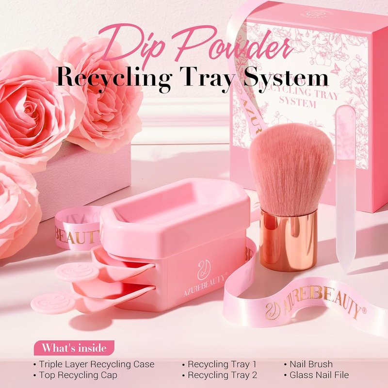 AZUREBEAUTY Dip Powder Recycling Tray System, Triple Layer Recycling Case Nail Dip Powder Container with Nails Tool Nail Brush Glass Nail File, French Nail Art Manicure Essential Tool